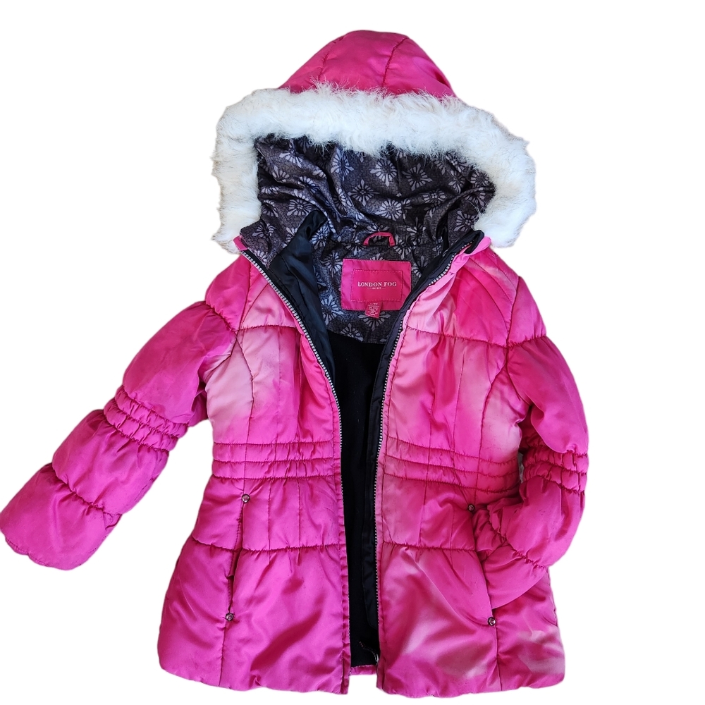 Girl's London Fog Gradient-Pink Fleece Lined Full Zip Hooded Puffer Jacket L/6X